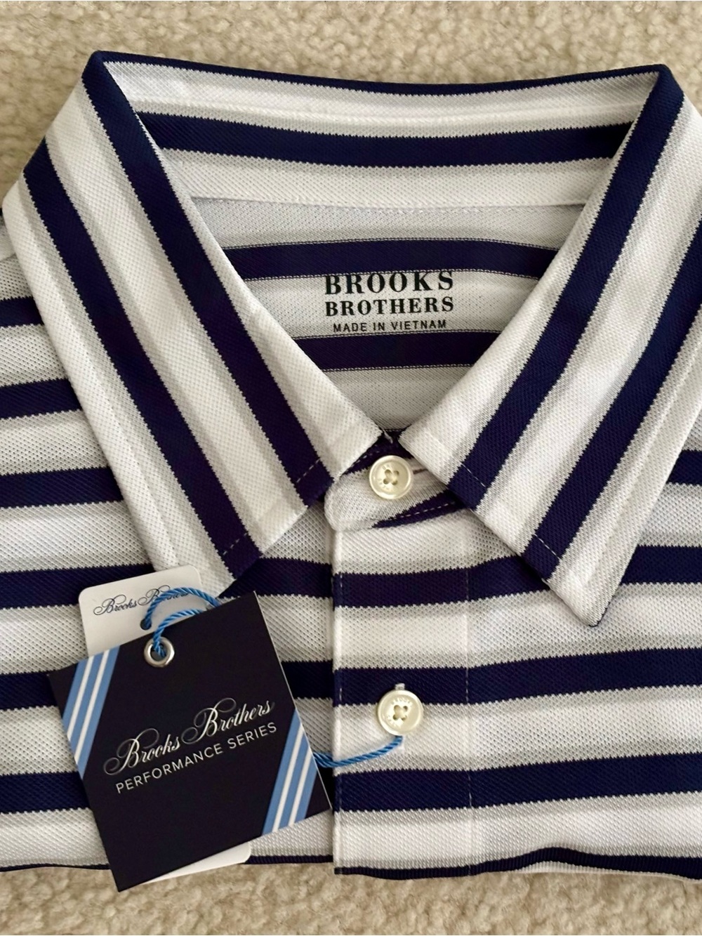 NWT Brooks Brothers Men’s White and Navy Striped Performance Polo Size M